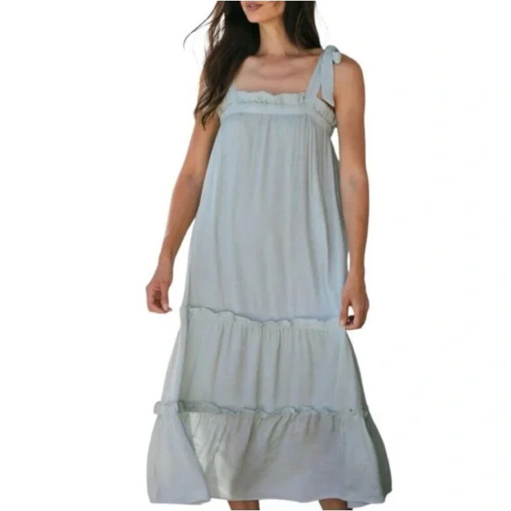 By The River Square Neck Tie Shoulder Tiered Maxi Dress